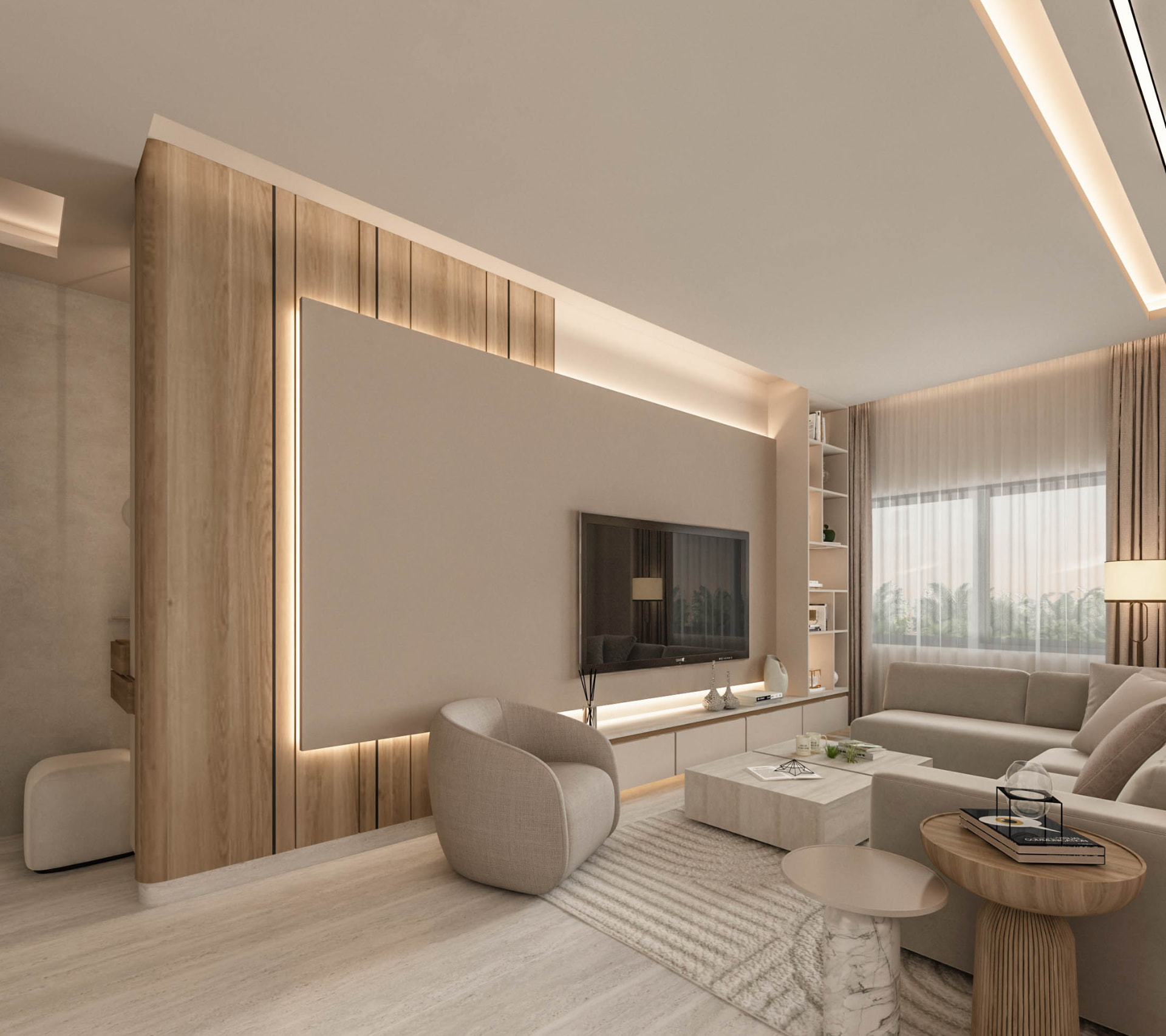 Sodeco apartment living room with timber media wall, cove lighting and curved boucle armchair