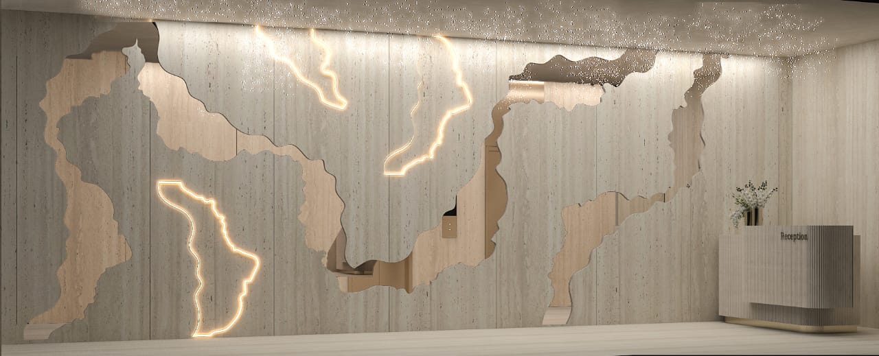 Travertine reception wall with organic illuminated inlays