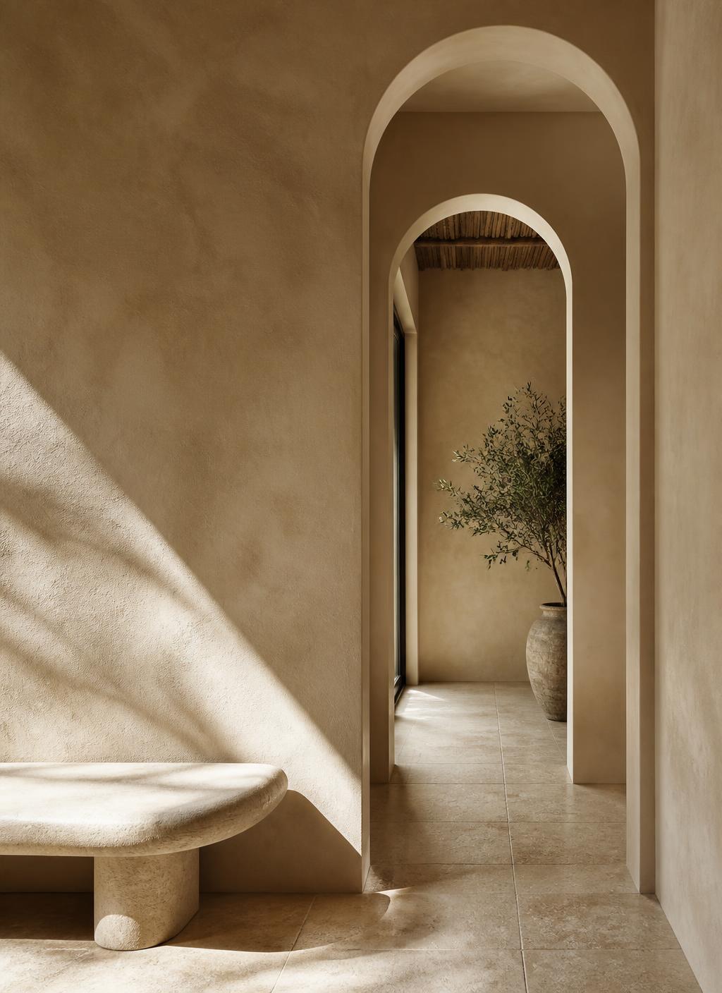 Arched lime-plaster corridor with travertine flooring in a Lebanese villa